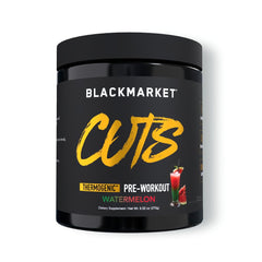 BLACKMARKET CUTS watermelon tub label with refreshing pre-workout energy cue.