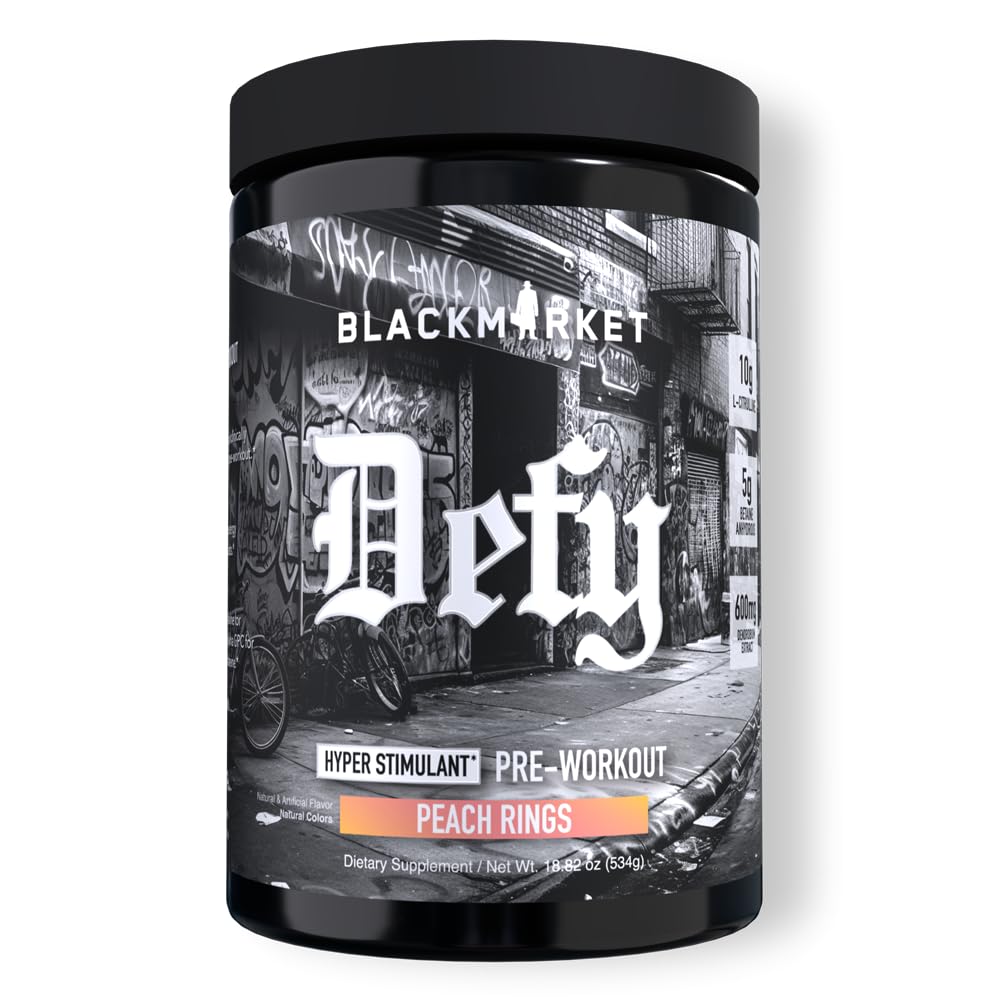 BLACKMARKET DEFY bottle with Peach Rings flavor for sustained energy during workouts