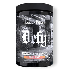BLACKMARKET DEFY bottle with Peach Rings flavor for sustained energy during workouts