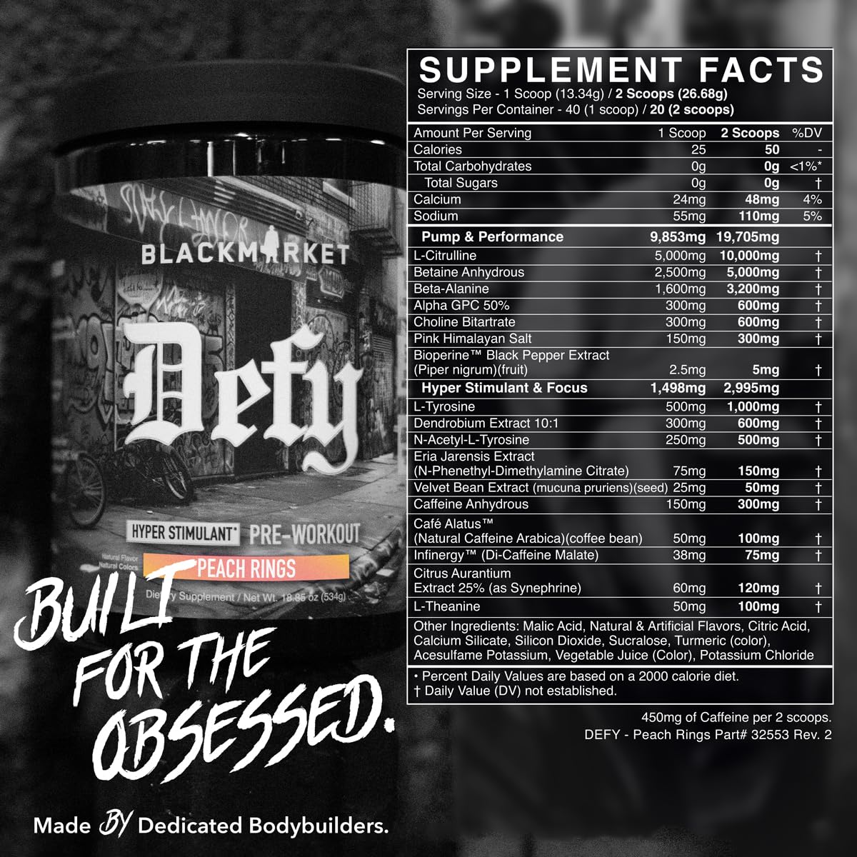 BLACKMARKET DEFY label close-up showing transparent ingredient list