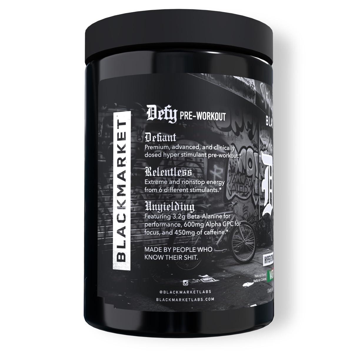 BLACKMARKET DEFY scoop of powder ready for mixing before training.