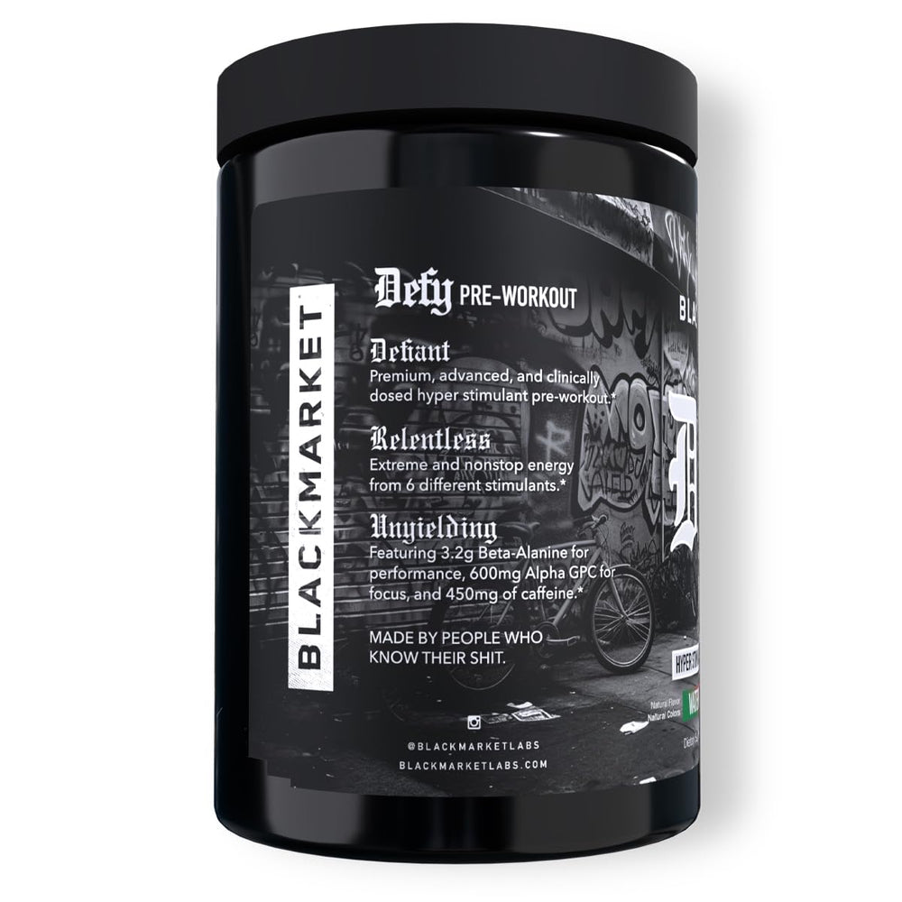 BLACKMARKET DEFY scoop of powder ready for mixing before training.