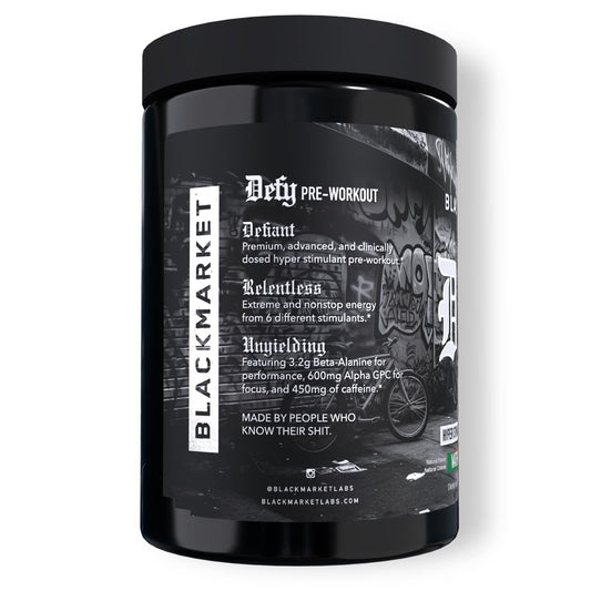 BLACKMARKET DEFY scoop of powder ready for mixing before training.