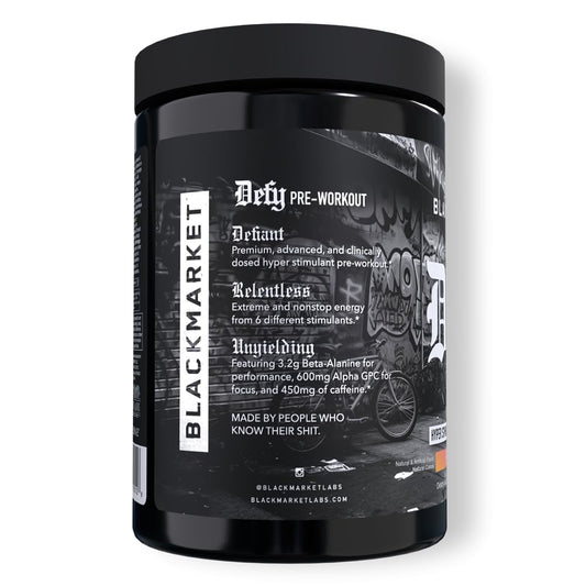 BLACKMARKET DEFY tub front label highlighting caffeine and actives