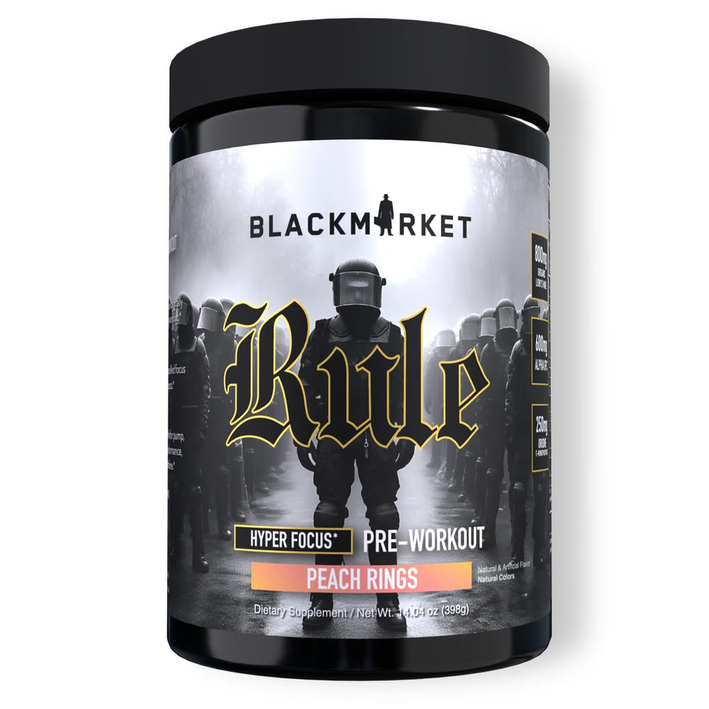 BLACKMARKET Rule peach rings tub front showing crave-worthy flavor for intense workouts