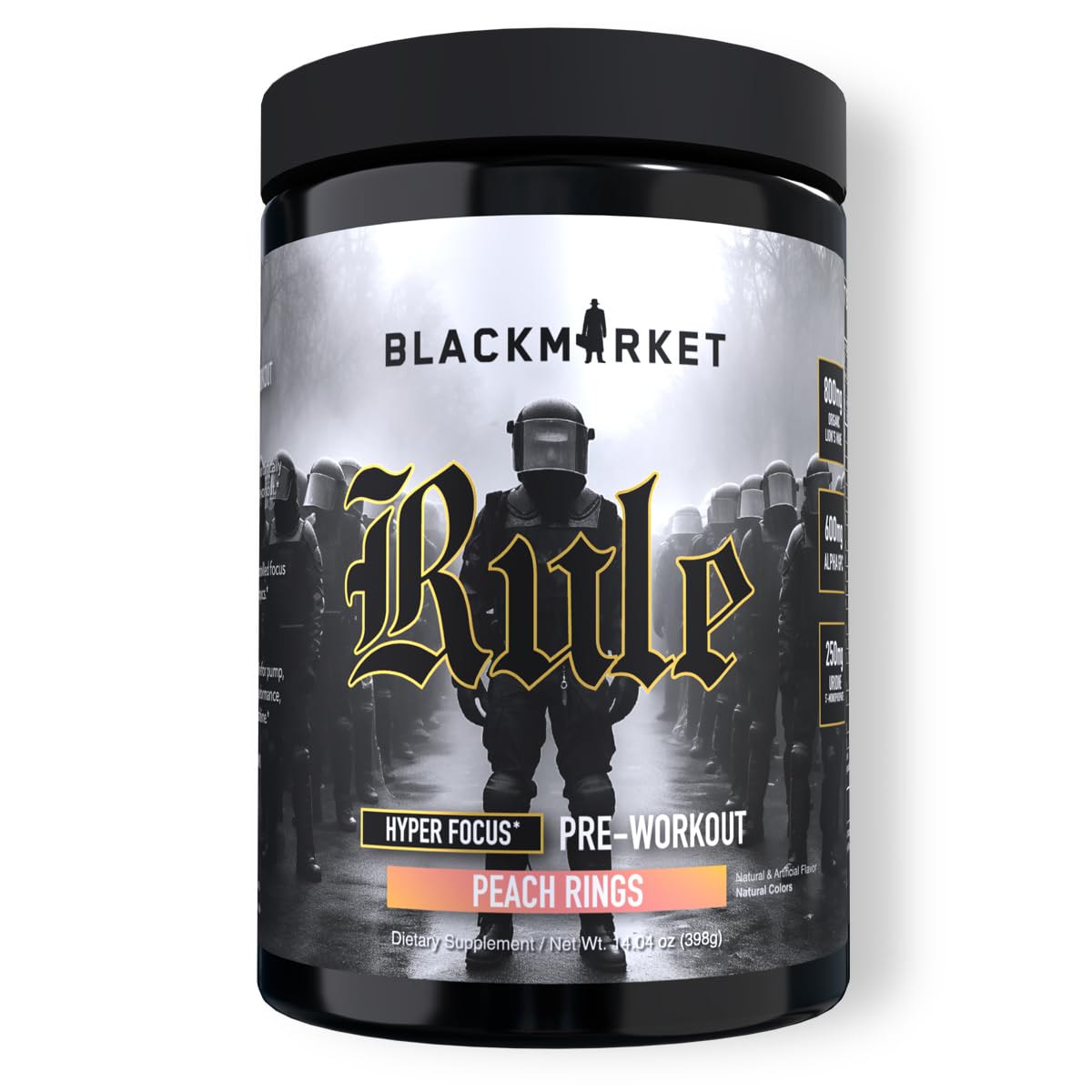 BLACKMARKET Rule peach rings tub front showing crave-worthy flavor for intense workouts