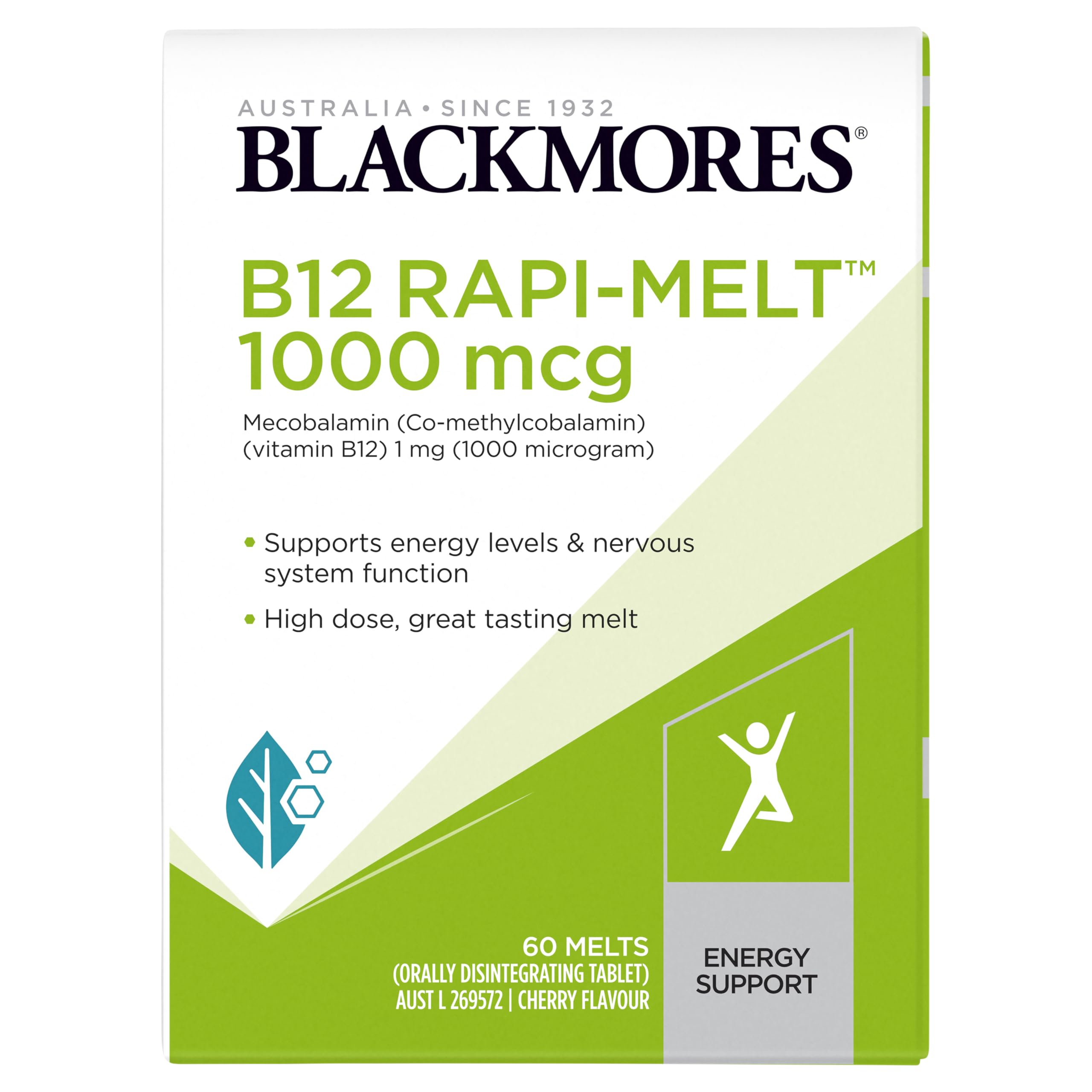 Blackmores B12 Rapi-Melt Cherry package on shelf supports daily energy-friendly choices.