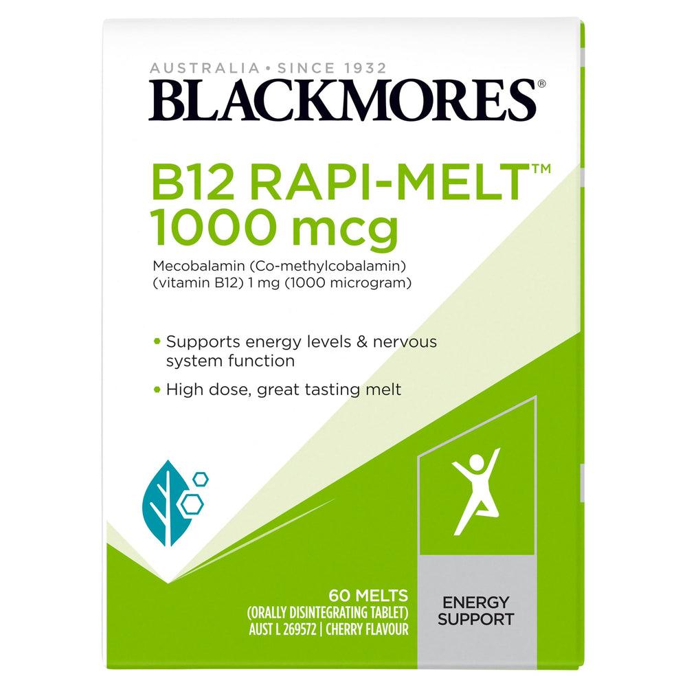 Blackmores B12 Rapi-Melt Cherry package on shelf supports daily energy-friendly choices.