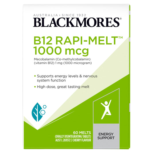 Blackmores B12 Rapi-Melt Cherry package on shelf supports daily energy-friendly choices.