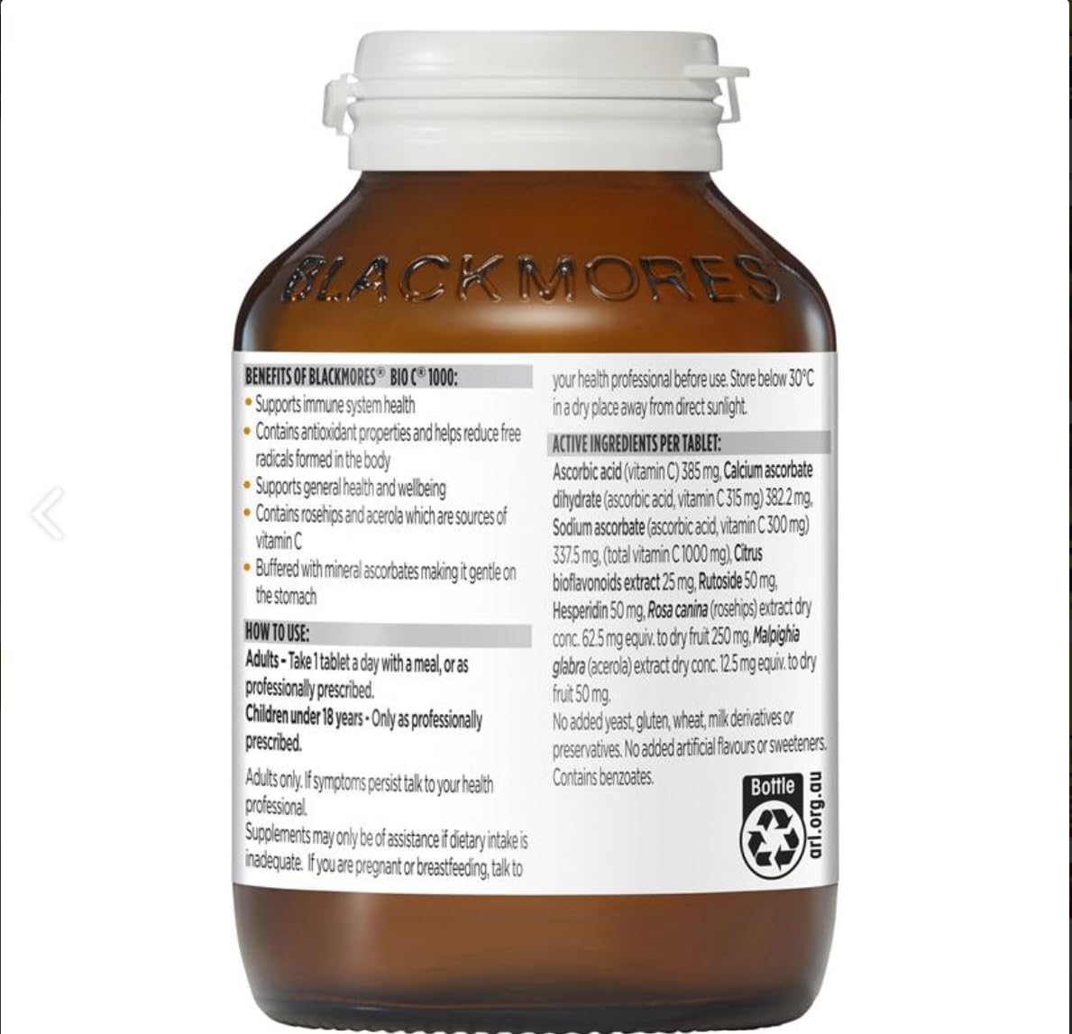 Blackmores Bio C 1000mg bottle back label close-up highlighting dosage