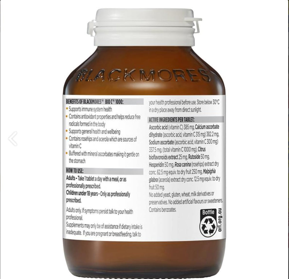 Blackmores Bio C 1000mg bottle back label close-up highlighting dosage