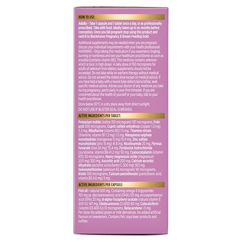 Close-up label on Blackmores Conceive Well Gold showing ingredients.