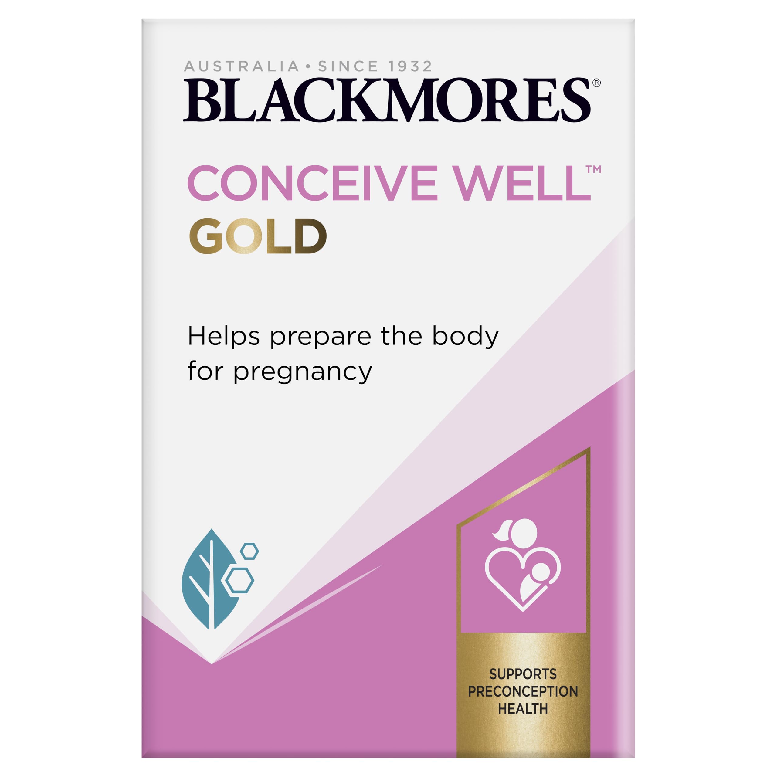Blackmores Conceive Well Gold tablets in a bottle for daily preconception nutrition.