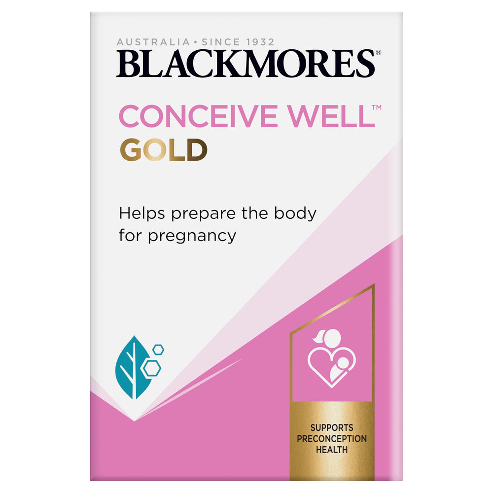 Blackmores Conceive Well Gold tablets in a bottle for daily preconception nutrition.