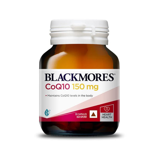Blackmores CoQ10 bottle front showing 150 mg capsules for heart health support.