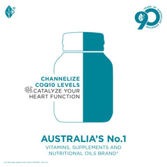 Closeup of CoQ10 capsules emphasizing high absorption softgels.