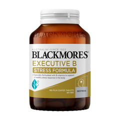 Blackmores Executive B 160 tablets bottle close-up; supports healthy stress response.