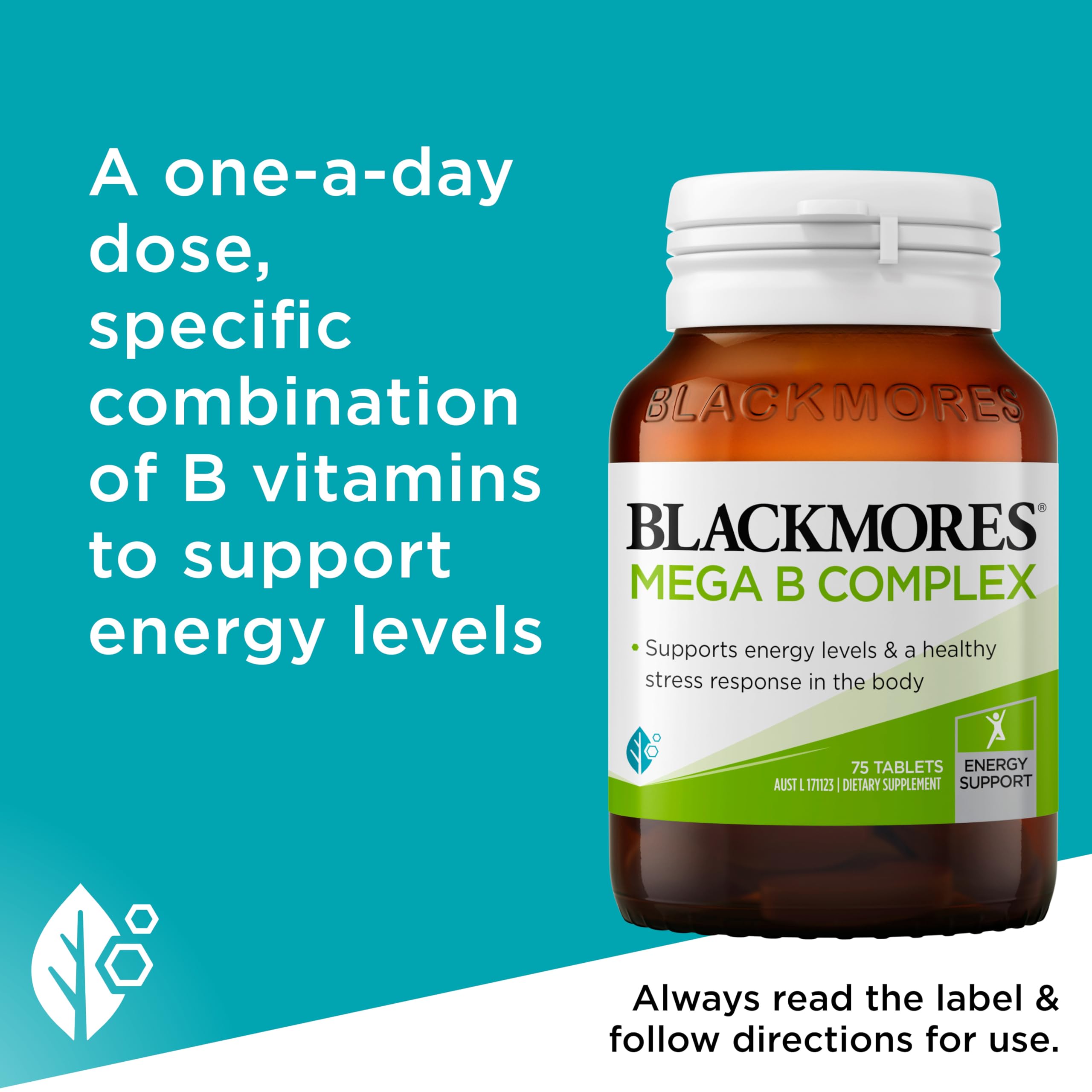 Blackmores Mega B Complex bottle with a glass of water for daily use.