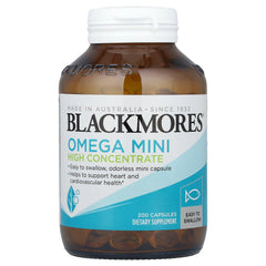 Blackmores Omega Mini bottle showing high-concentrate capsules for heart health support.