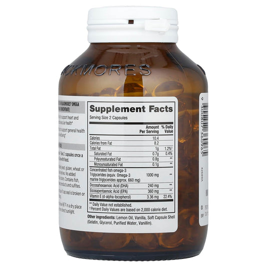 Blackmores Omega Mini capsules close-up highlighting odorless, easy-to-swallow design for daily wellbeing.