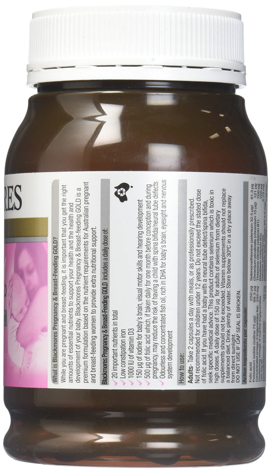 Blackmores Pregnancy & Breastfeeding Gold packaging—comprehensive daily nutrients for expecting and nursing mothers.