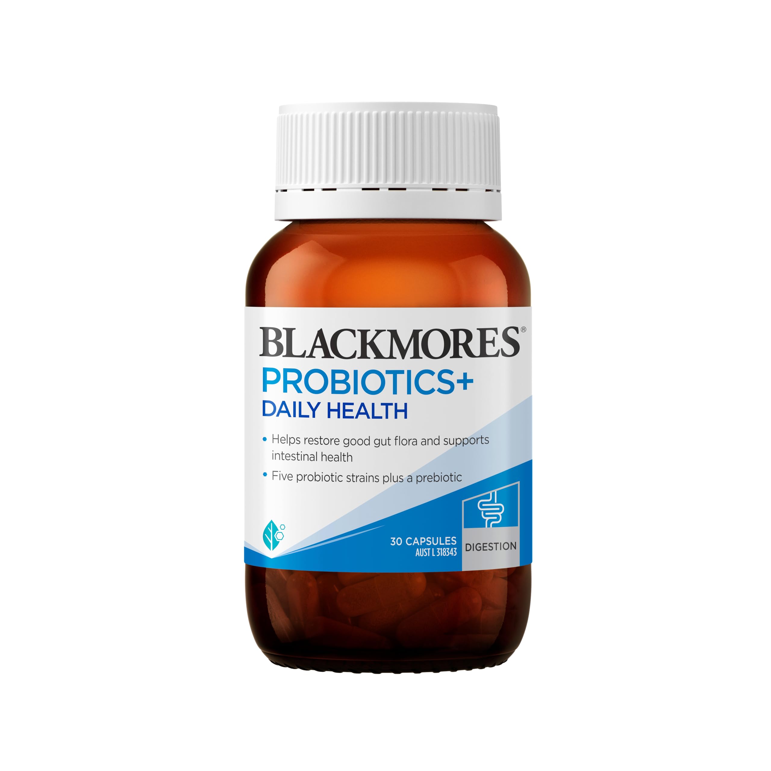 Blackmores Probiotics+ Daily Health bottle with capsules for easy daily gut support