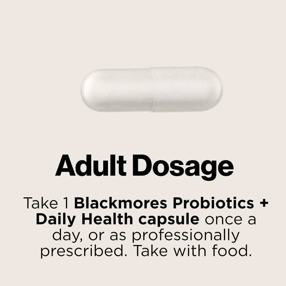 Open bottle showing capsules for a simple daily ritual with Blackmores Probiotics+ Daily Health