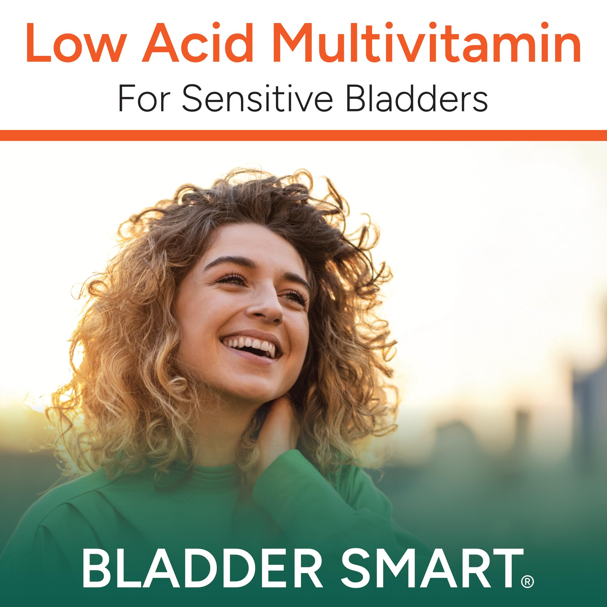 Closeup of capsules highlighting gentle, low-acid formula for sensitive bladder users.