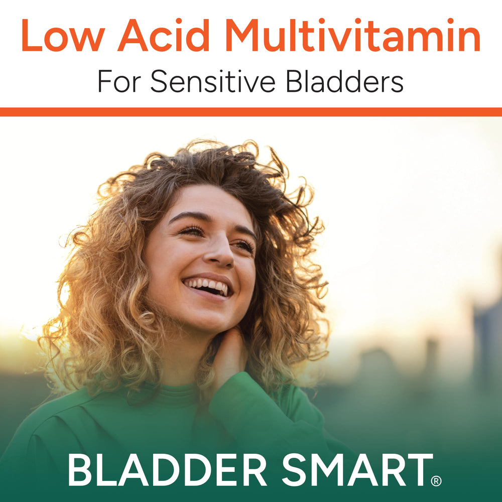 Closeup of capsules highlighting gentle, low-acid formula for sensitive bladder users.