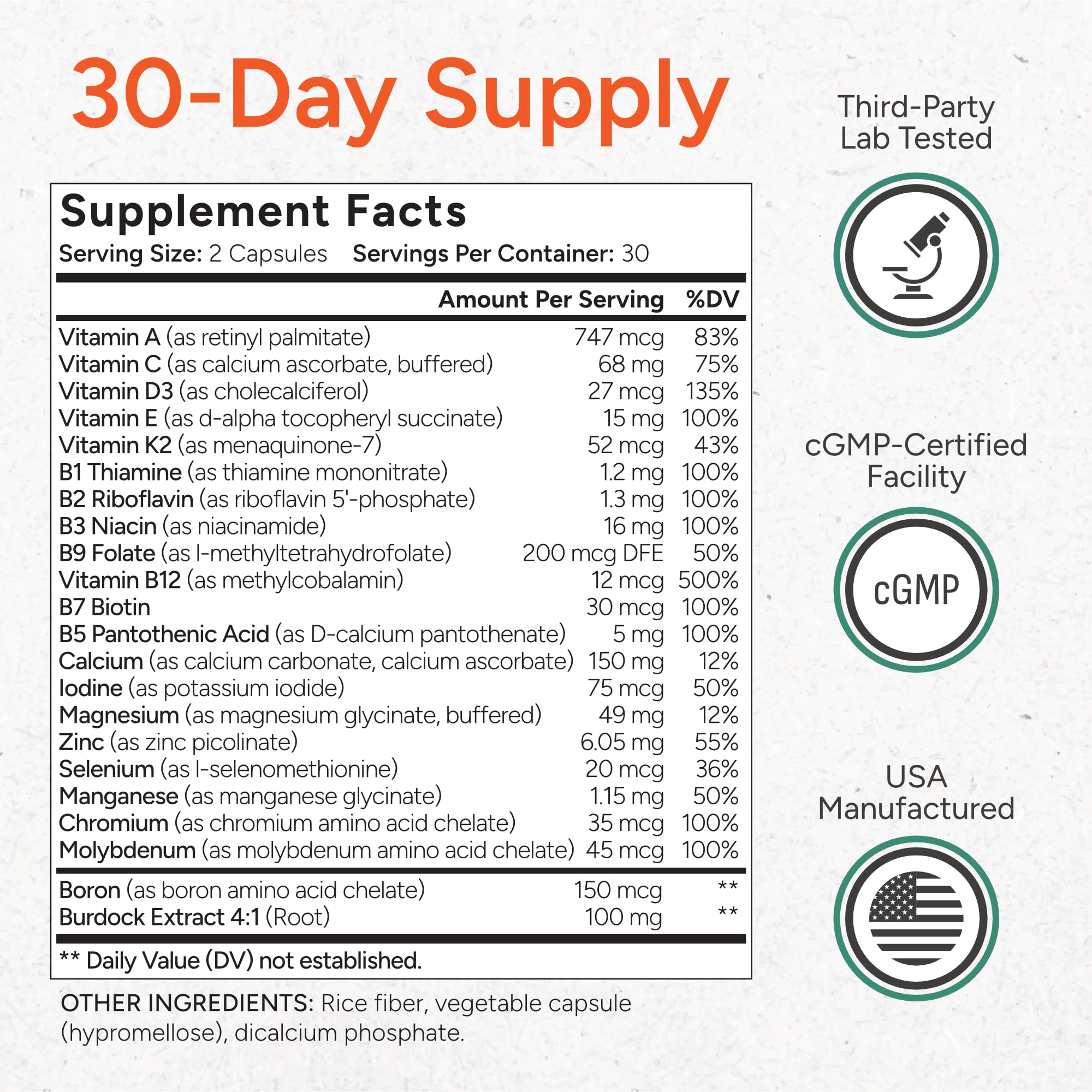 USA-manufactured packaging highlight trusted production standards.