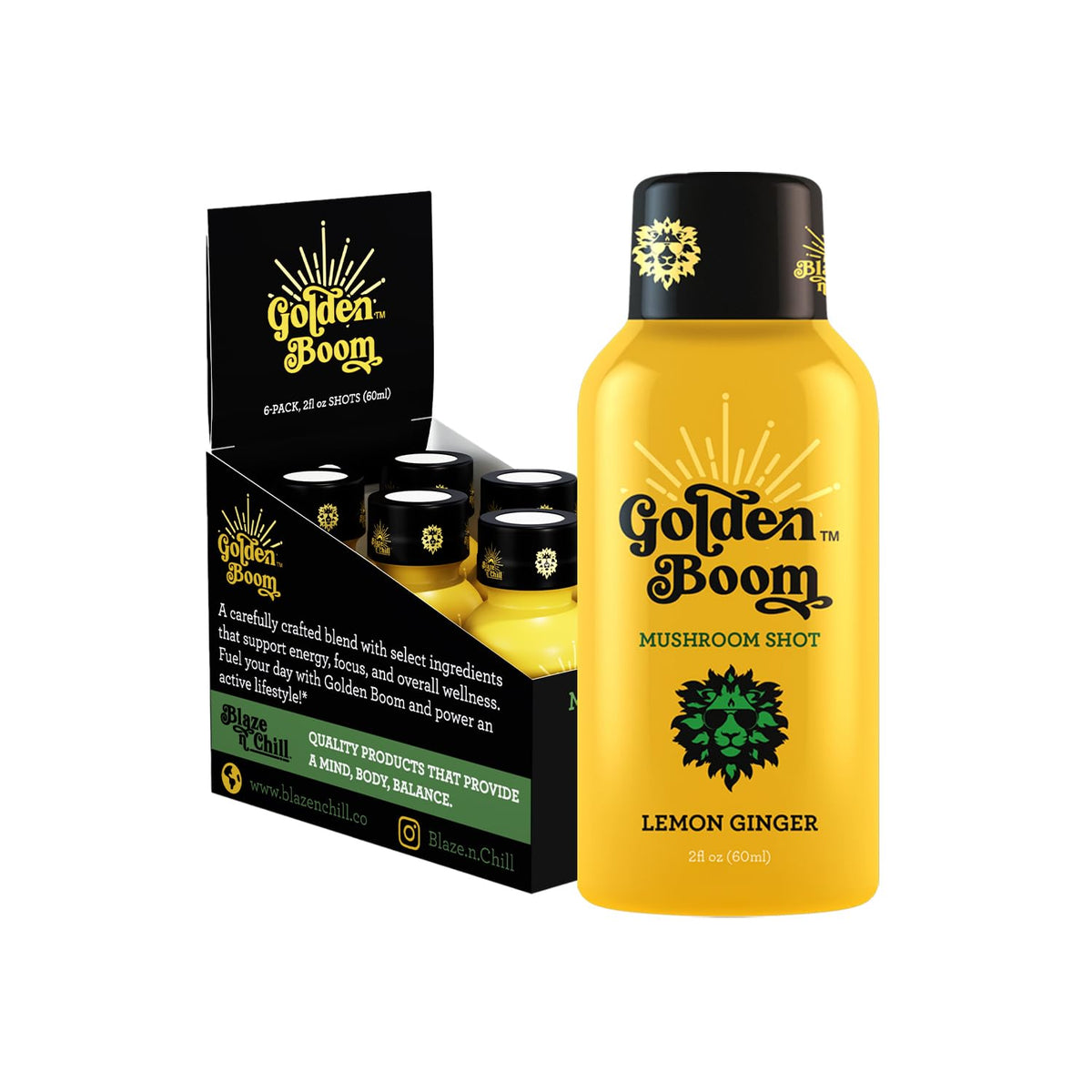 Blaze n Chill Golden Boom bottle showcases lemon-ginger energy for quick focus and daily momentum.