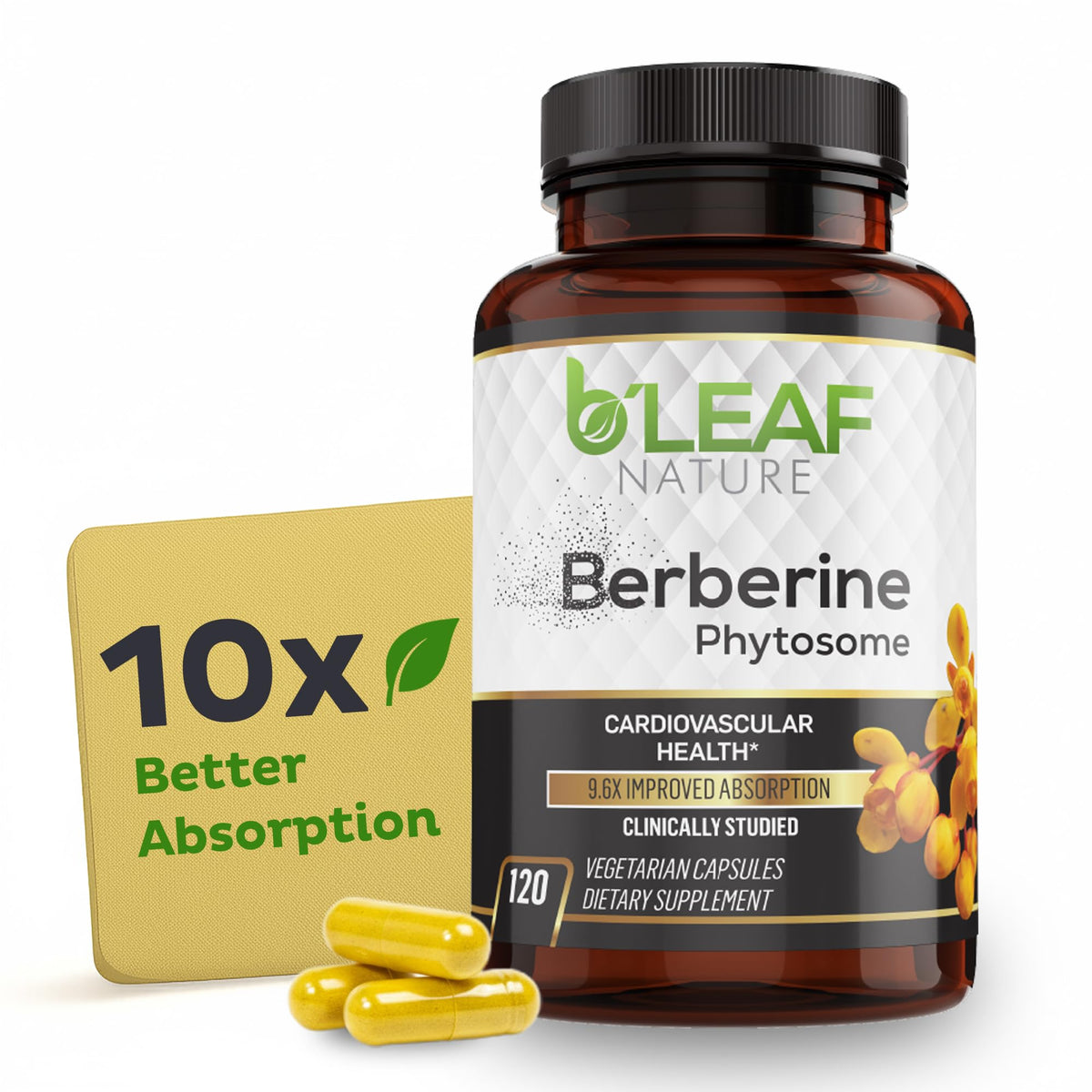 B’Leaf Nature Berberine Phytosome bottle showcasing enhanced absorption and daily cardiovascular support