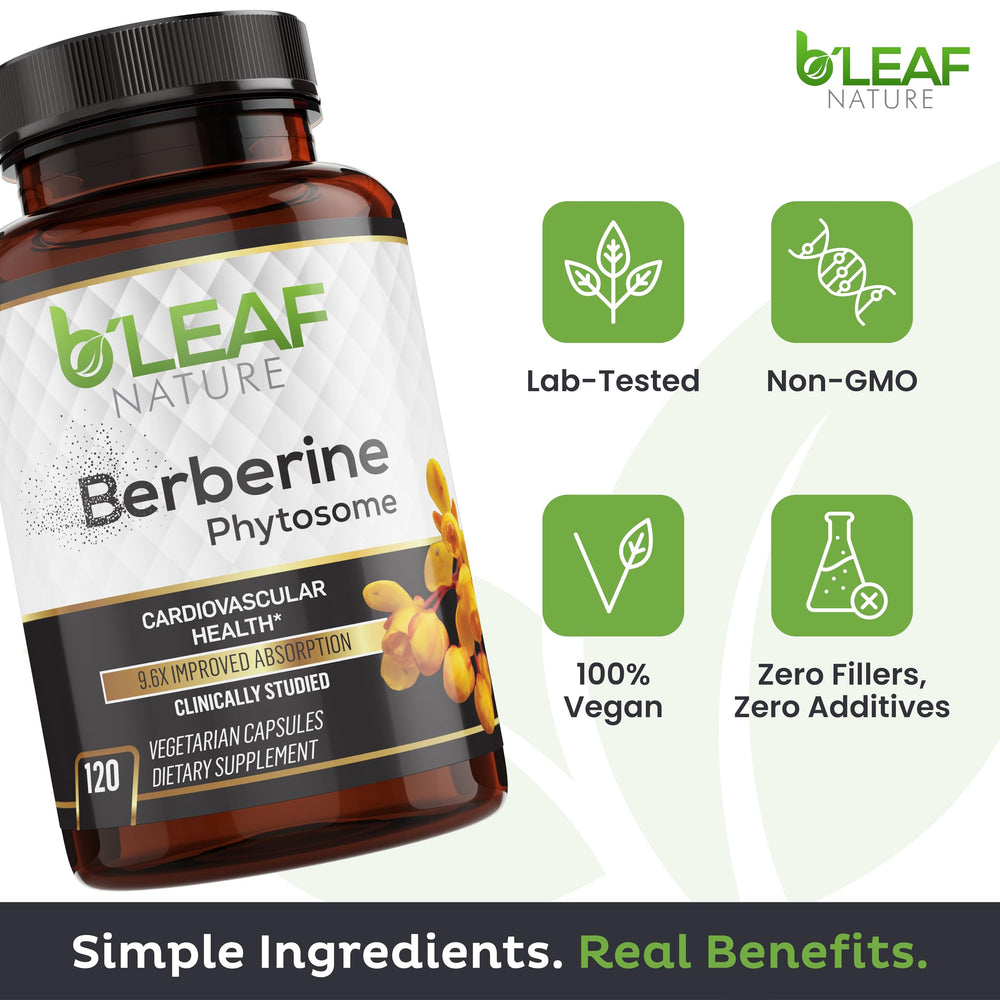 B’Leaf Nature Berberine Phytosome label emphasizing organic ingredients and vegan formula
