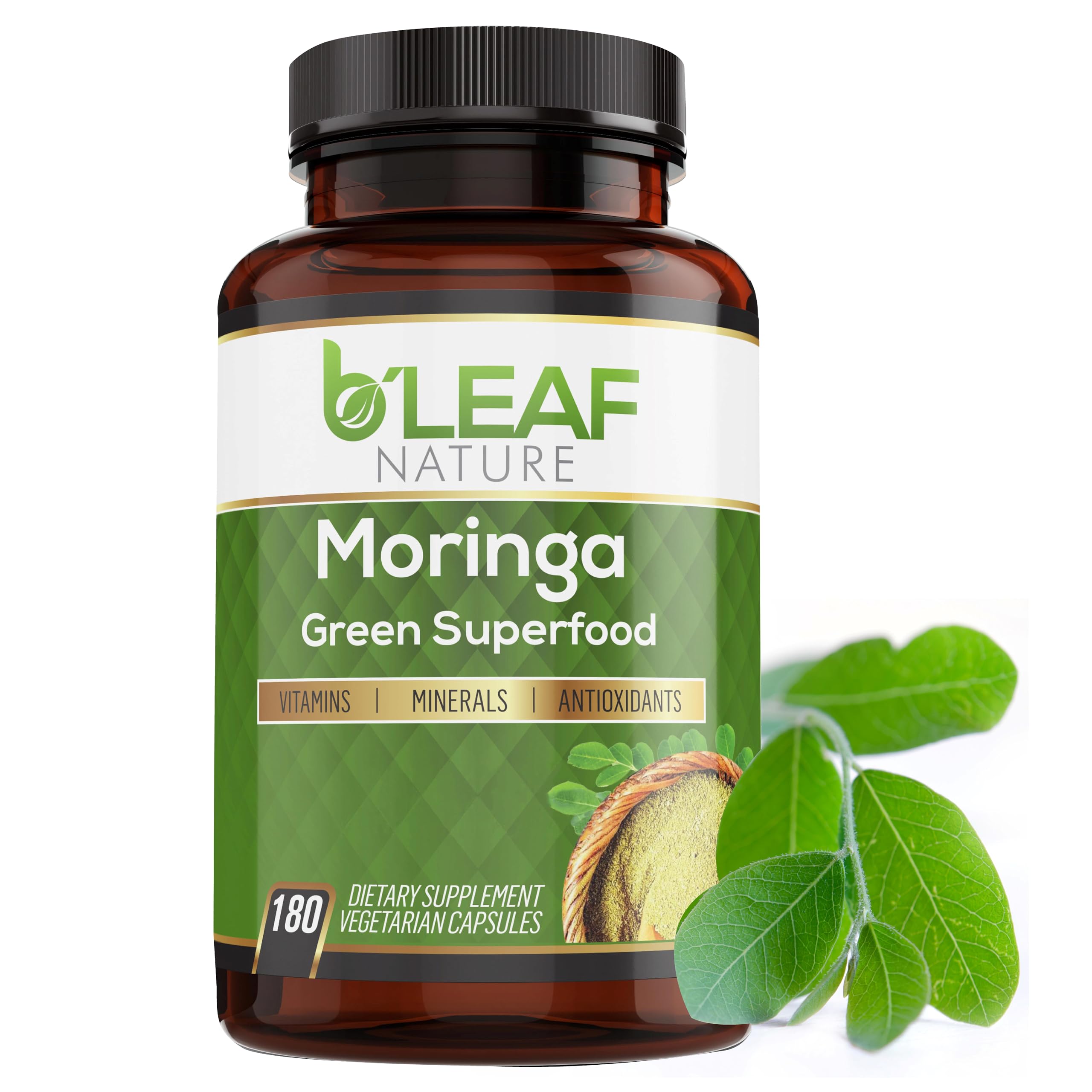 B’LEAF NATURE Moringa capsules bottle for daily nutrition support.