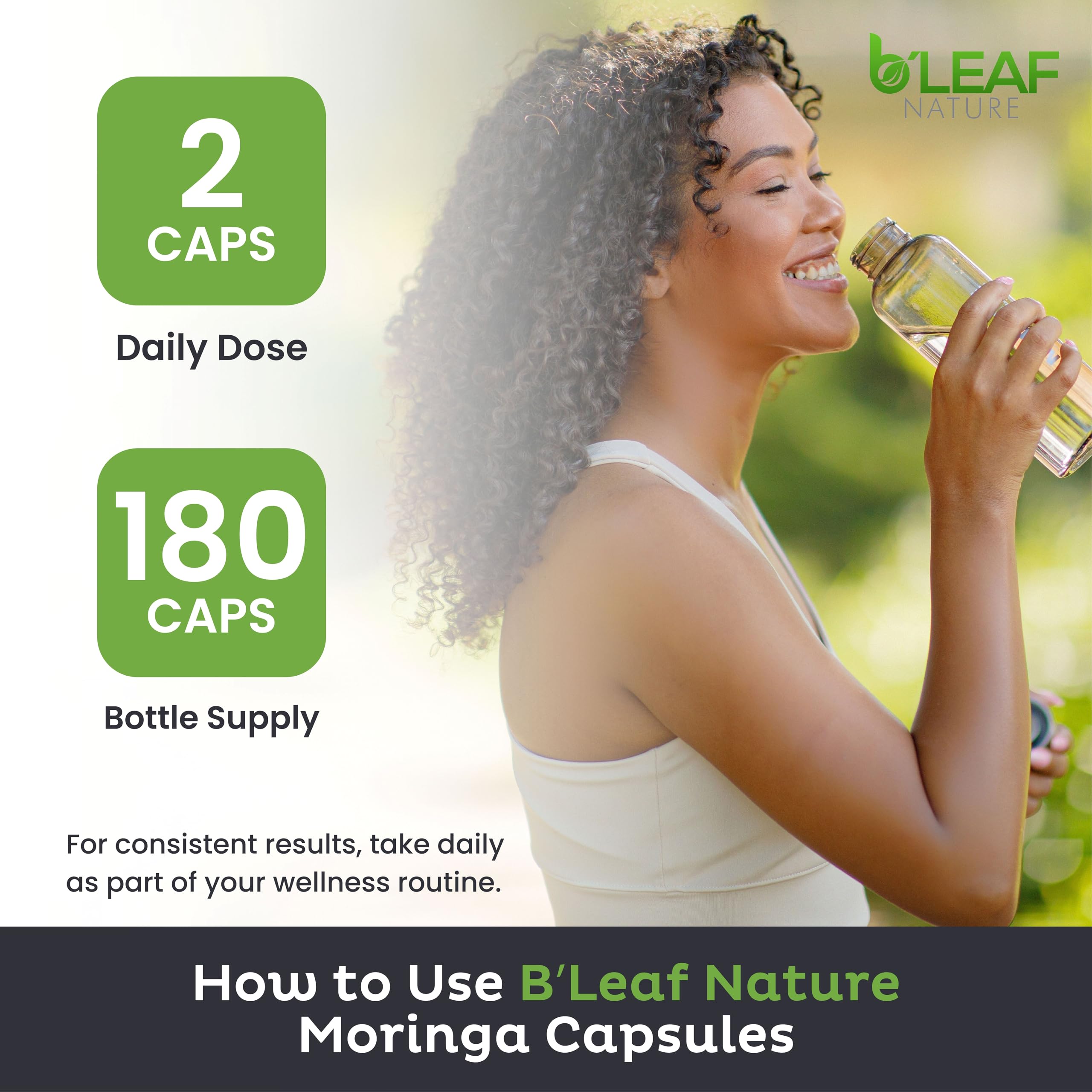 B’LEAF NATURE Moringa capsules close-up highlighting essential vitamins.