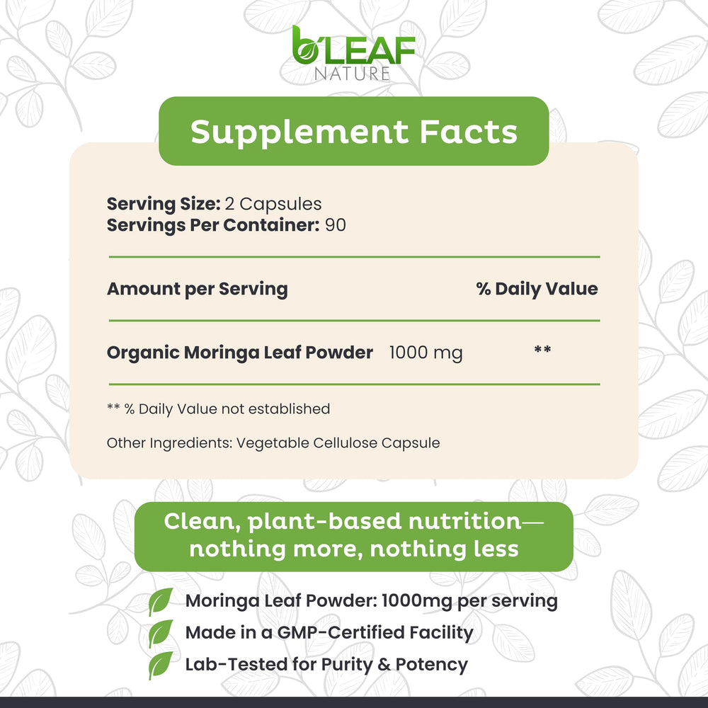 B’LEAF NATURE Moringa vegan capsules on packaging, gluten-free and non-GMO.