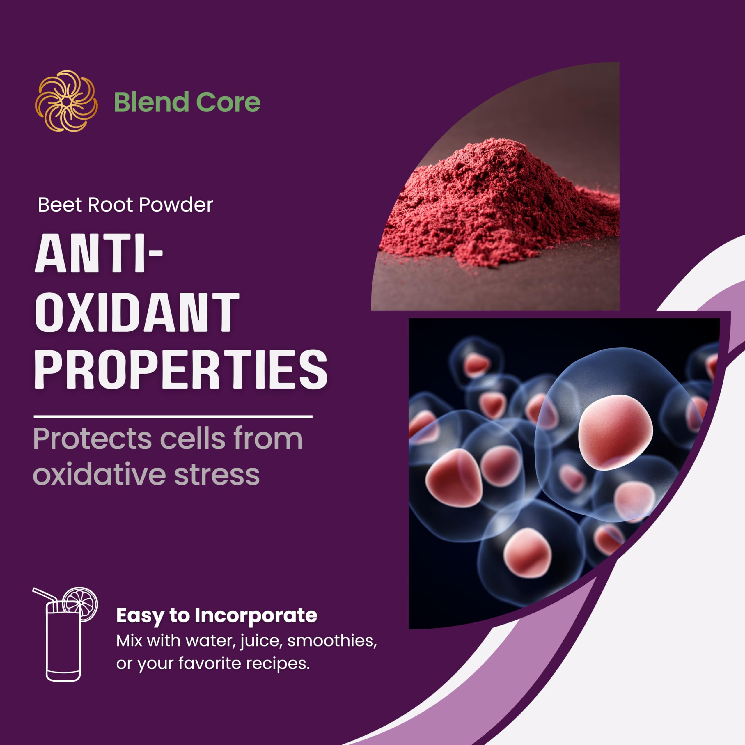 Blend Core Beet + Boost berry powder closeup showcases vibrant color and berry flavor
