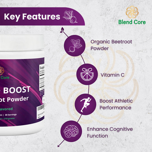 Blend Core Beet + Boost berry powder scoop emphasizes convenient daily endurance fuel