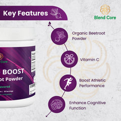 Blend Core Beet + Boost berry powder scoop emphasizes convenient daily endurance fuel