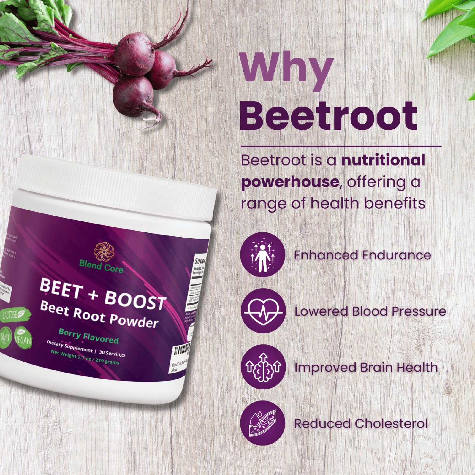 Blend Core Beet + Boost non-GMO label signals clean, vegan-friendly nutrition