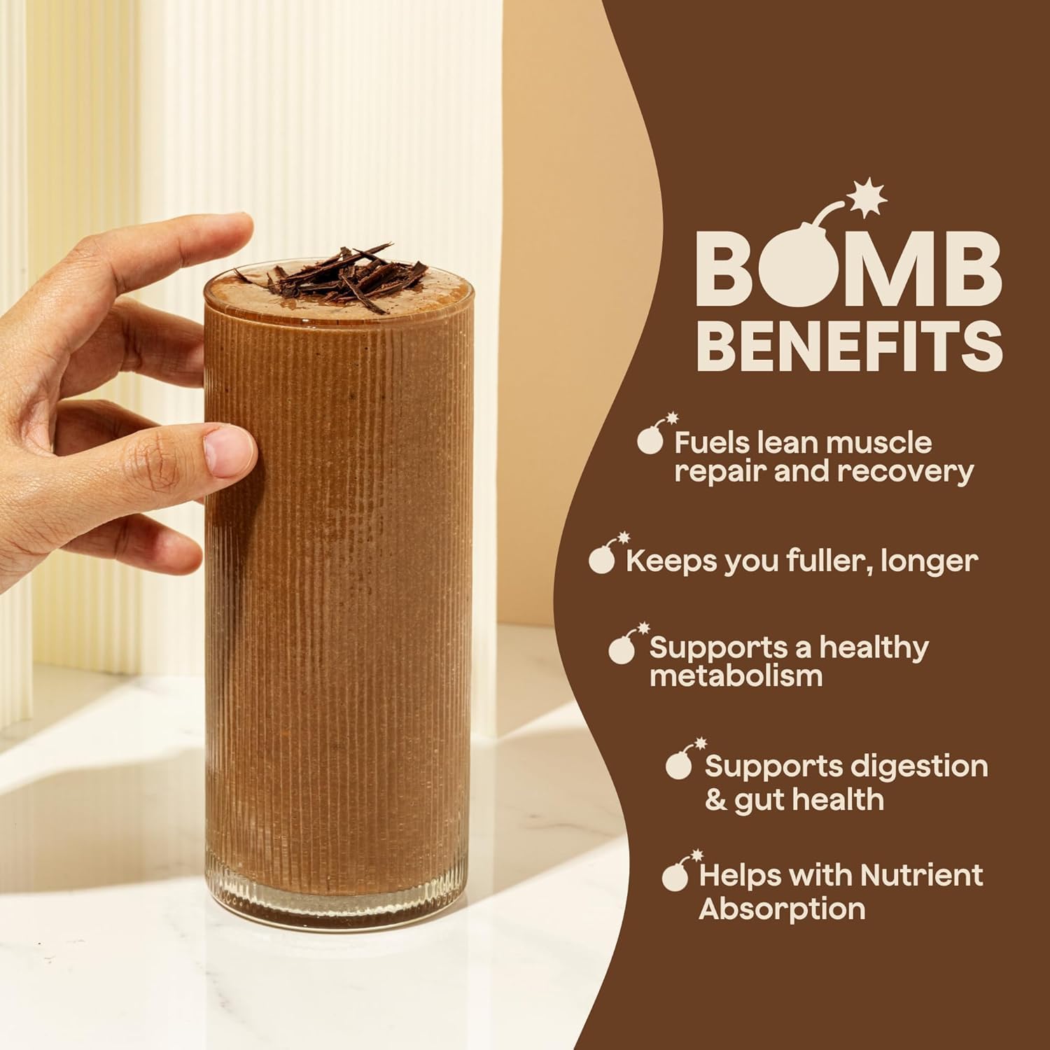 Blender Bombs Bomb Plant Protein cocoa powder close-up shows flavor focus.
