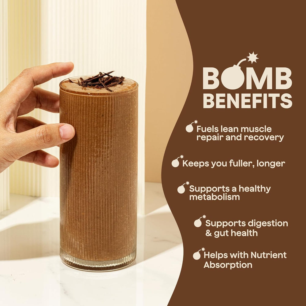 Blender Bombs Bomb Plant Protein cocoa powder close-up shows flavor focus.