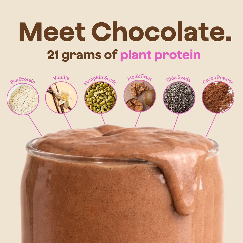 Blender Bombs Bomb Plant Protein powder jar for rich cocoa flavor in shakes.