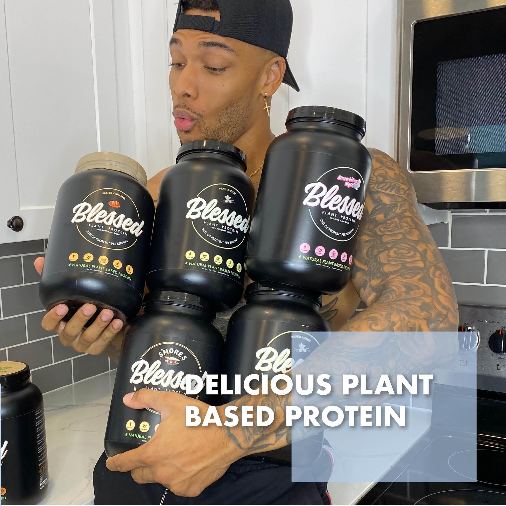 Blessed vegan protein powder icons indicating dairy-free gluten-free and no artificial additives