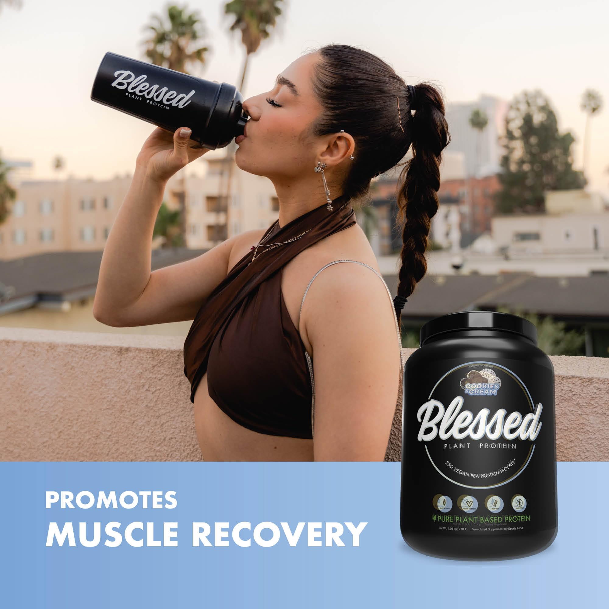Blessed vegan protein powder shaker in use with a blend