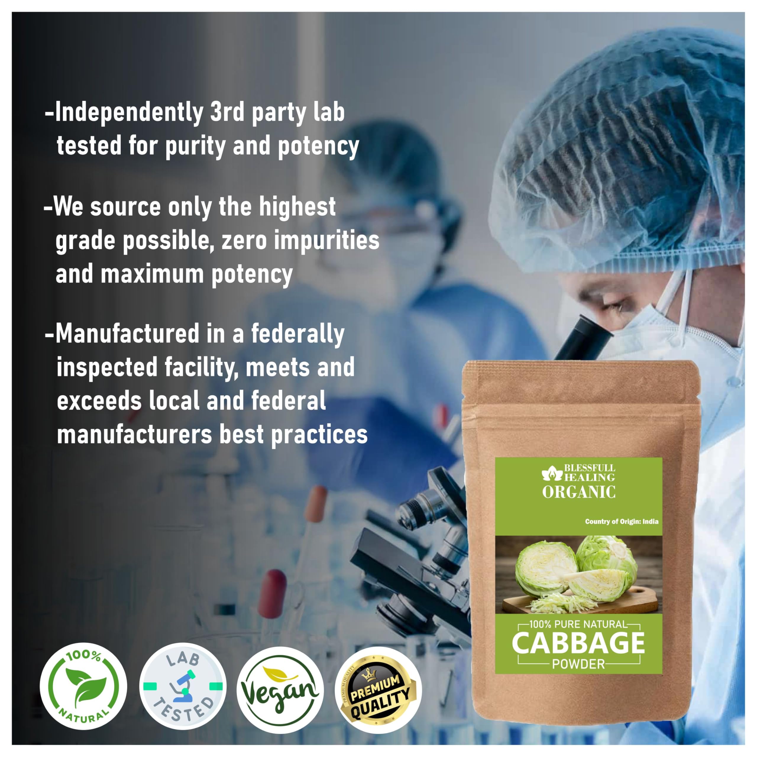 Blessfull Healing front packaging highlighting 100% pure natural cabbage powder