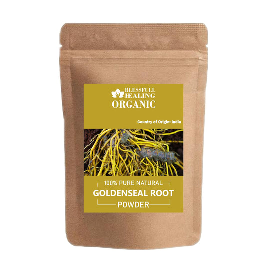 Blessfull Healing Goldenseal Root Powder closeup, fine texture for DIY blends.