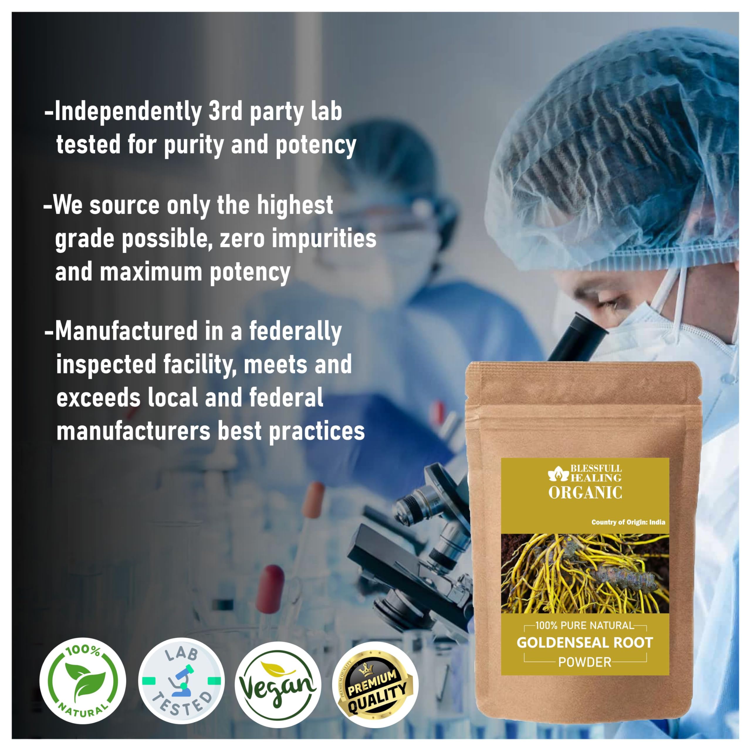 Blessfull Healing Goldenseal powder with a scoop offers convenient daily portions