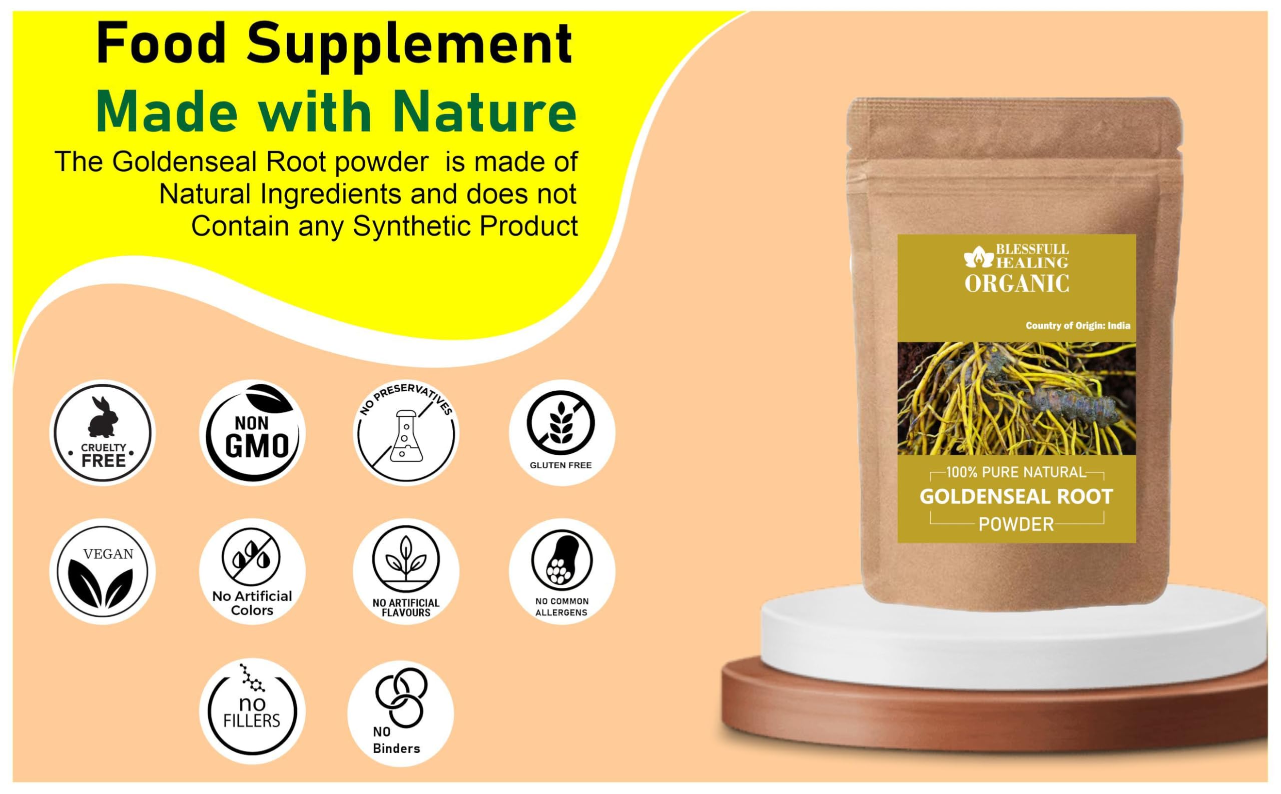 Blessfull Healing Goldenseal powder shown with wooden spoon conveys natural vibes