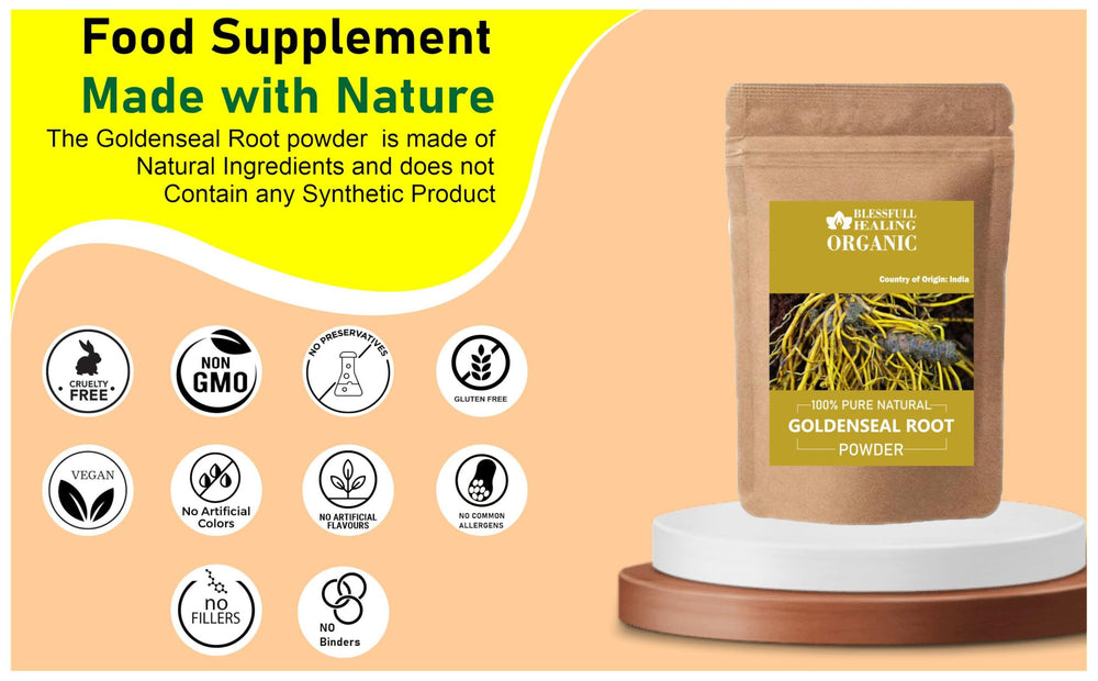 Blessfull Healing Goldenseal powder shown with wooden spoon conveys natural vibes